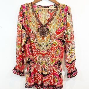 Mushka by Sienna Rose Sheer Red Paisley Large Top Indie Beaded Bohemian